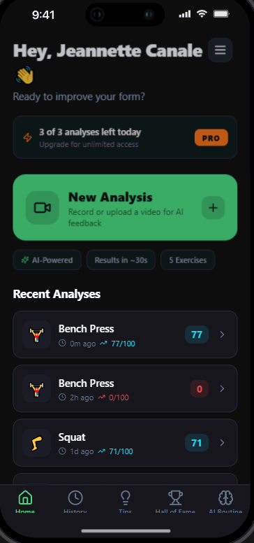 App interface showing AI biomechanics overlay on a squat